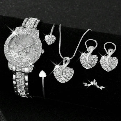 Reloj de cuarzo de lujo para mujer, con anillo, collar y pendientes de diamantes de imitación