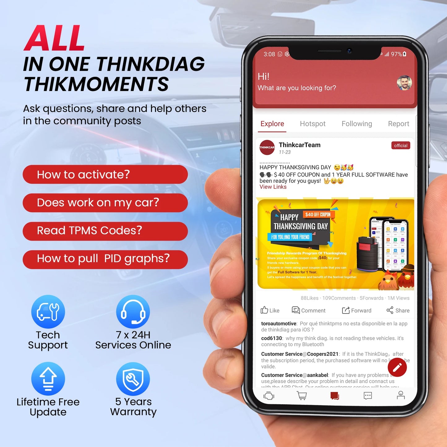 THINKCAR THINKDIAG Mini OBD2 Escáner Bluetooth para todos los autos Diagnóstico completo del sistema Herramienta de diagnóstico automático gratuita de por vida Lectura/borrado de errores