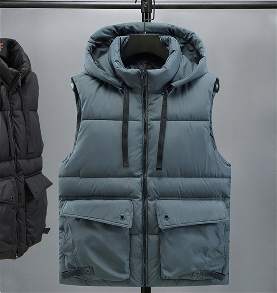 Chaleco con capucha para hombre, chaleco cálido con cuello levantado y cremallera para invierno, chaquetas sin mangas acolchadas de algodón con bolsillos grandes