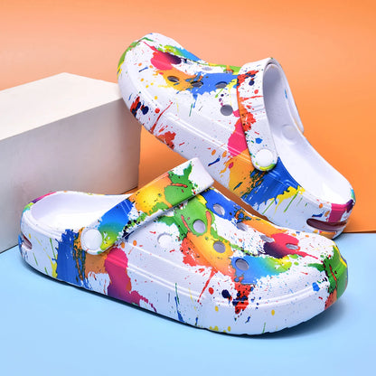 Sandalias tipo zueco para hombre y mujer, estilo pareja, con estampado de inyección de tinta, con amortiguación de aire, transpirables, para playa, para exteriores, con suela gruesa