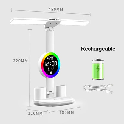 Lámpara de mesa LED recargable para estudio, lámpara de escritorio, luz de lectura, luz de noche LED con ventilador, pantalla de reloj LED, luz de escritorio de lectura