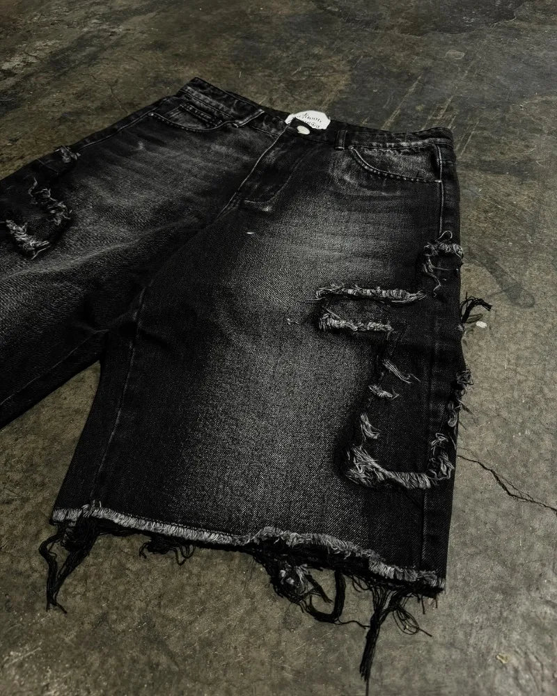 Men's patchwork baggy denim shorts streetwear 