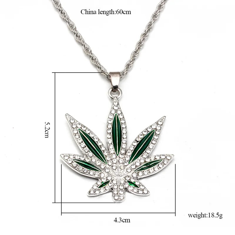 Mens Rhinestone Grass Pendant Necklace Maple Leaf Necklace Gold Color Chains for Boys Steampunk Jewelry for Men 