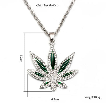 Mens Rhinestone Grass Pendant Necklace Maple Leaf Necklace Gold Color Chains for Boys Steampunk Jewelry for Men 