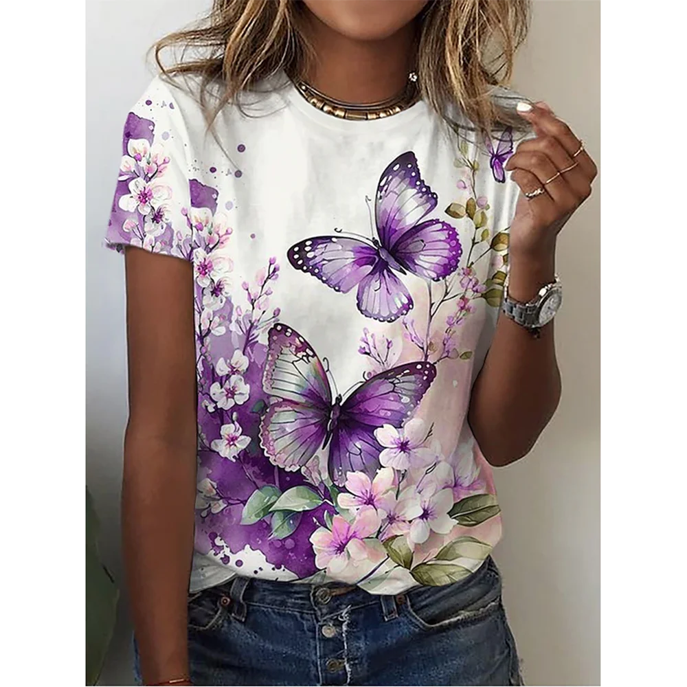 Camiseta con estampado de mariposa 3D y cuello redondo para mujer, camisetas de manga corta de verano a la moda, top de verano de gran tamaño, ropa femenina, novedad de 2024
