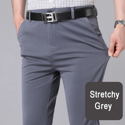 Pantalones casuales elegantes para hombre, elásticos, deportivos, de secado rápido, para primavera y otoño, rectos, de oficina, negros y azul marino.