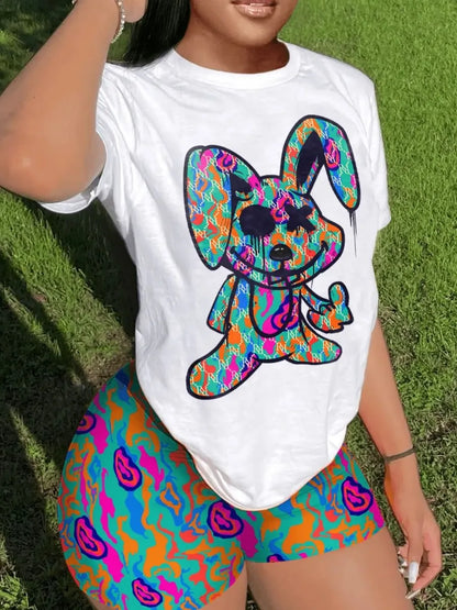 Conjunto informal de camiseta y pantalones cortos de manga corta para mujer, blusa y pantalones con estampado de dibujos animados y cuello redondo, conjunto de dos piezas para oficina
