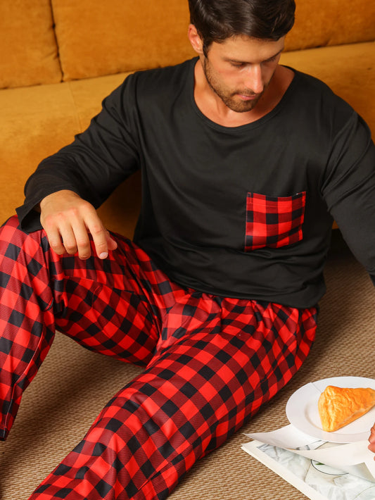 Conjunto de pijama de dos piezas para hombre ropa de dormir a cuadros pantalones de manga larga Otoño e Invierno