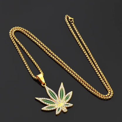 Mens Rhinestone Grass Pendant Necklace Maple Leaf Necklace Gold Color Chains for Boys Steampunk Jewelry for Men 