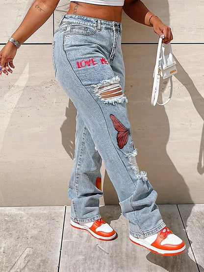 Nuevo diseño de ropa de mujer, pantalones vaqueros con estampado de mariposa, pantalones rectos rasgados, pantalones vaqueros ajustados de cintura alta