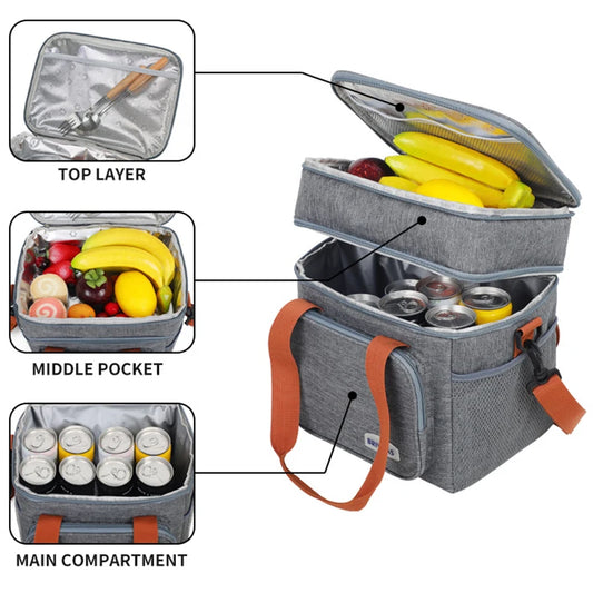 Bolsa de almuerzo de doble capa, de gran capacidad, con aislamiento térmico, a prueba de fugas, para hombres y mujeres