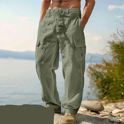 Pantalones de algodón y lino para hombres europeos y americanos, pantalones de trabajo con múltiples bolsillos, ropa deportiva recta holgada y pantalones casuales