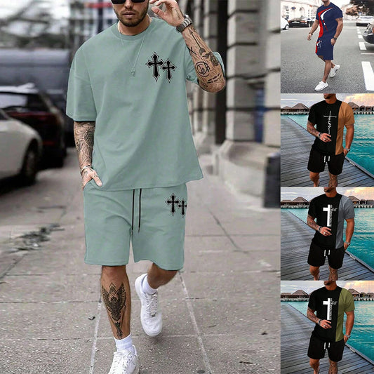 Ensemble décontracté à la mode pour hommes avec imprimé grande taille et ensemble décontracté de couleur claire, ample, respirant, frais, résistant à l'usure et anti-boulochage 