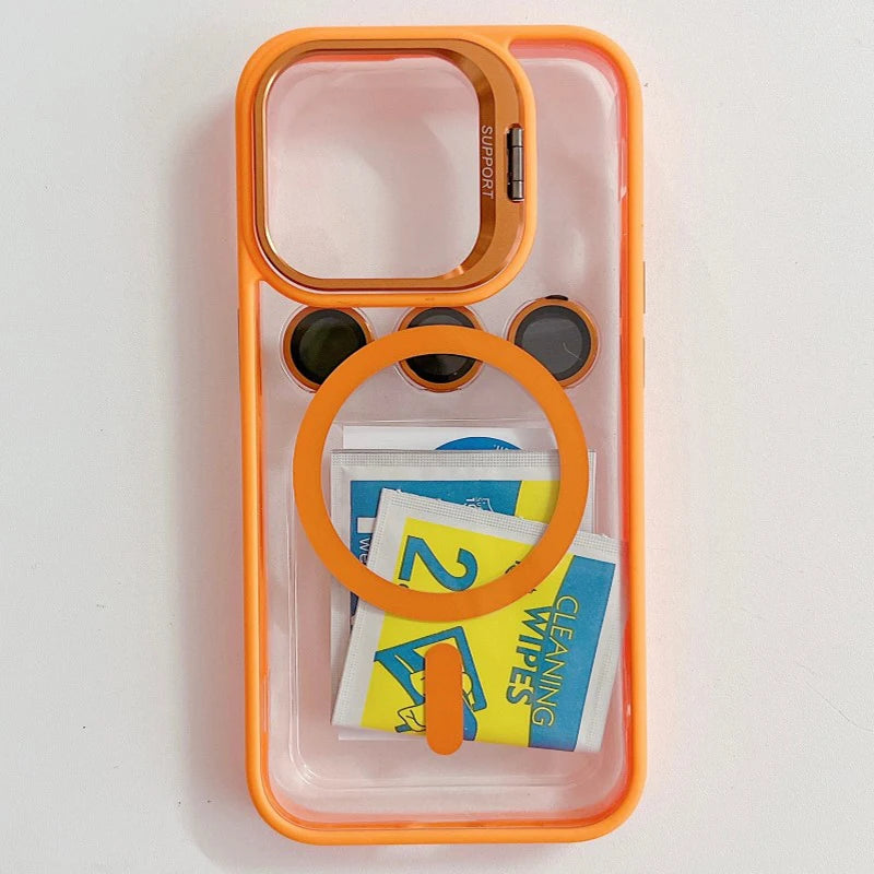 Funda magnética de lujo a prueba de golpes para iPhone 15, 14, 13, 12, 11, 16 Pro Max, 16 Plus, 16E, con soporte y protección de lente de cristal