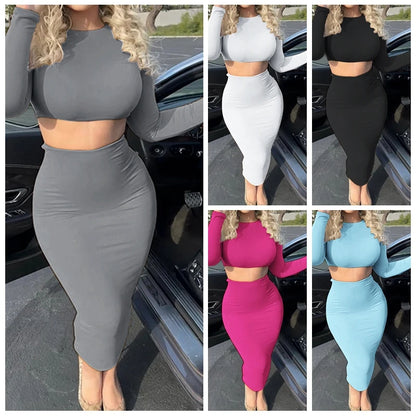 Conjunto de vestido para mujer, corto de manga larga y falda a media pantorrilla, conjunto de 2 piezas, trajes de oficina ajustados