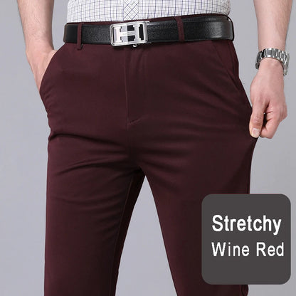 Pantalones casuales elegantes para hombre, elásticos, deportivos, de secado rápido, para primavera y otoño, rectos, de oficina, negros y azul marino.