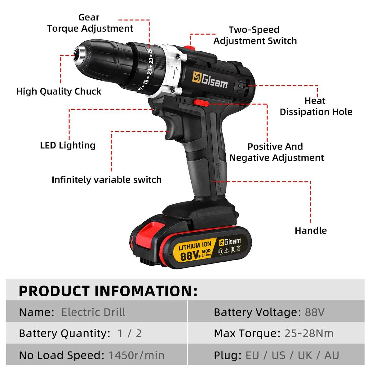 Cordless Impact Drill Electric Screwdriver Electric Hammer Mini Hand Drill Lithium-ion Battery Power Tools 88VF
