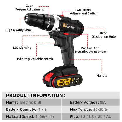 Cordless Impact Drill Electric Screwdriver Electric Hammer Mini Hand Drill Lithium-ion Battery Power Tools 88VF