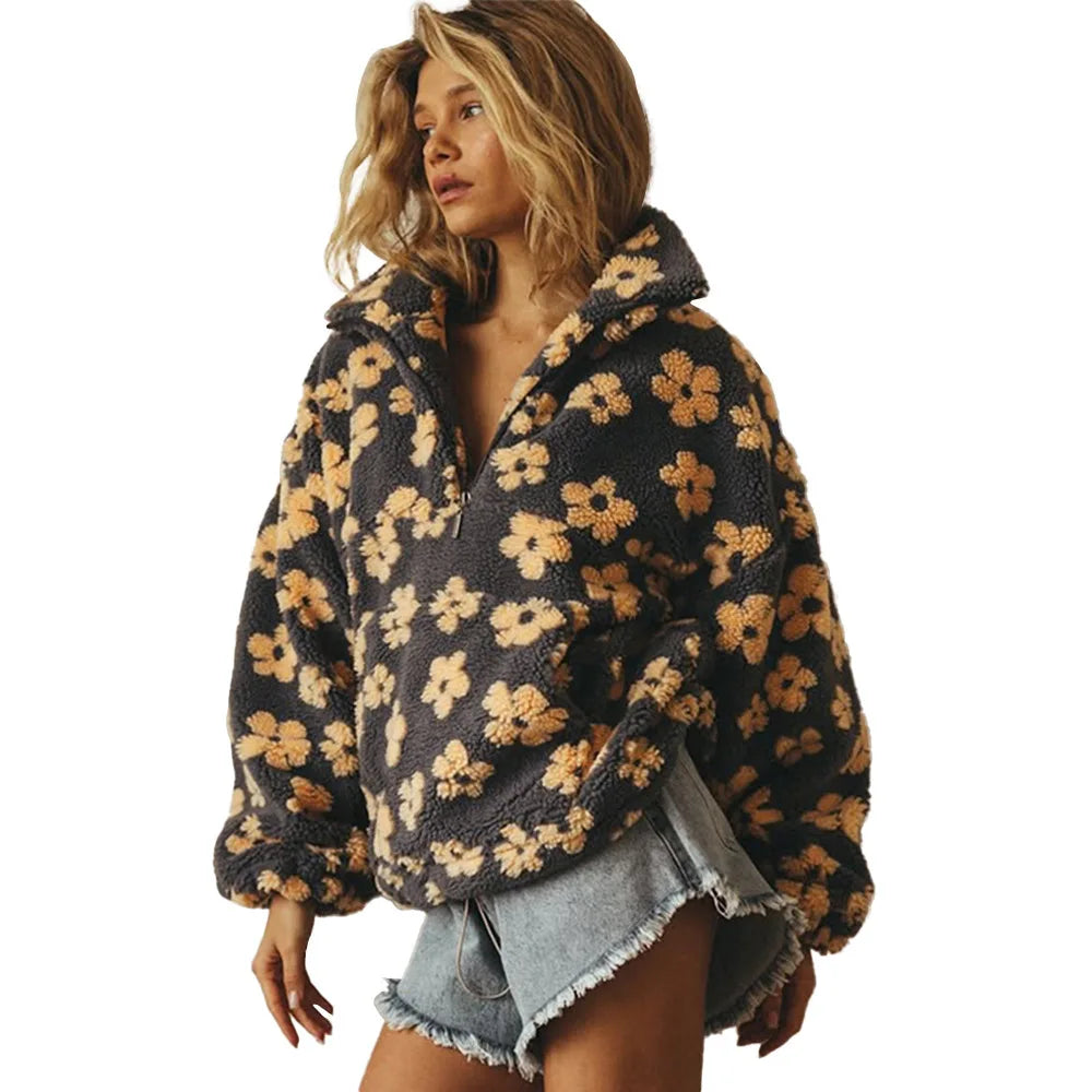 Sudadera de lana floral de moda Sudadera con capucha de manga larga cálida y elegante para mujer Estilo callejero Tela de poliéster Otoño Invierno