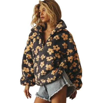 Sudadera de lana floral de moda Sudadera con capucha de manga larga cálida y elegante para mujer Estilo callejero Tela de poliéster Otoño Invierno