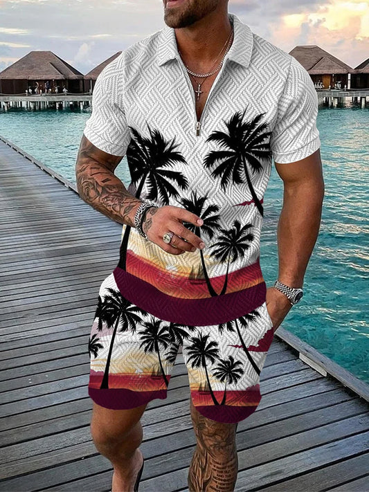 Printed polo shirt and shorts sets, men's fashion oversized short-sleeved shirt and shorts set 