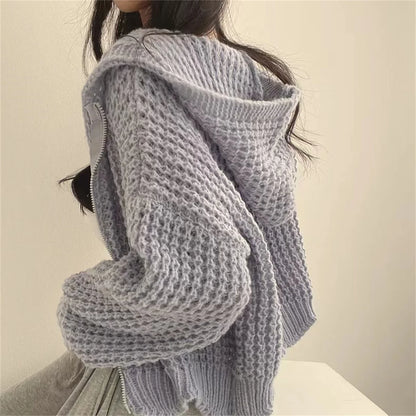 Suéter de punto coreano para mujer, abrigo de moda de otoño e invierno, Sudadera con capucha lisa, cárdigan con cremallera, chaqueta informal de estilo perezoso de calle para mujer