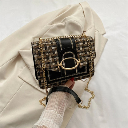 Bolso de hombro con cadena de metal a cuadros, con hebilla de candado para mujer, bandolera cuadrada pequeña para mujer