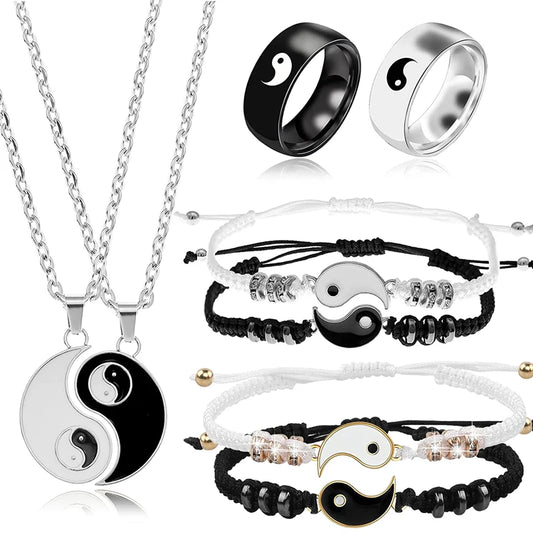Juego de 2 o 4 pulseras y collares de Tai Chi Yin Yang para parejas, con colgante y cadena trenzada ajustable, a juego, para amantes, gargantilla.