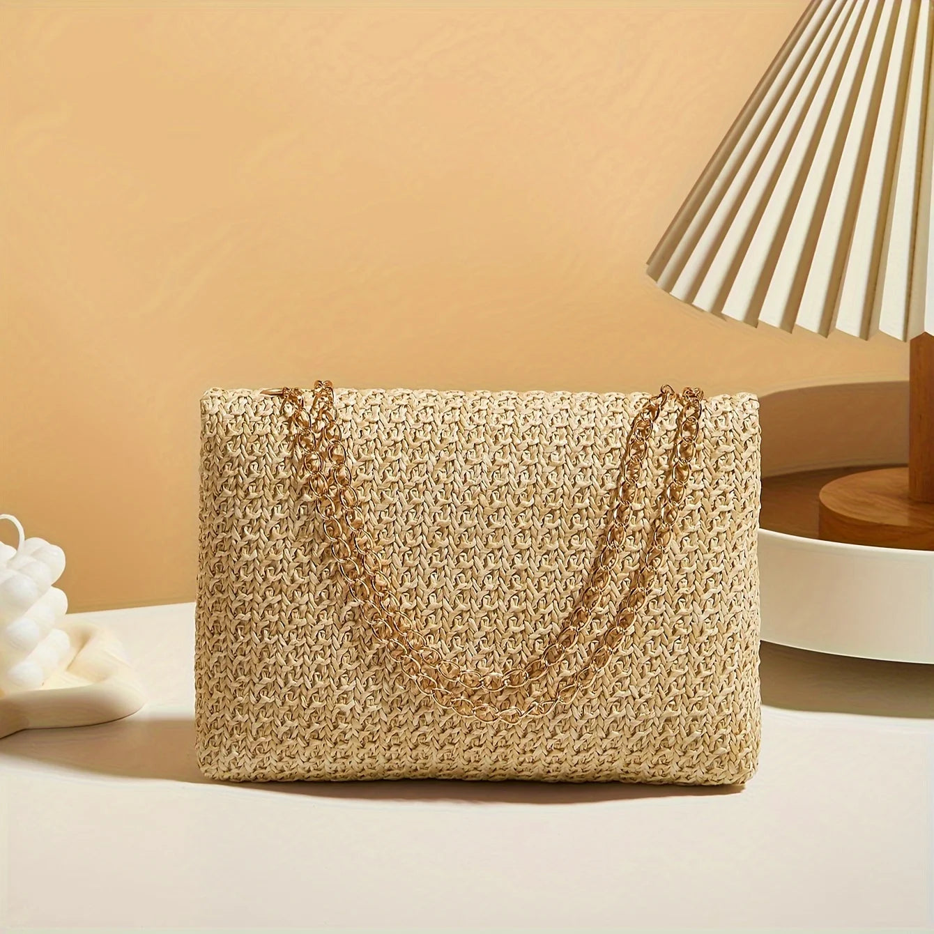 Bolso de hombro tejido a mano de paja para mujer, bolso cruzado de color sólido de moda con cierre de cerradura