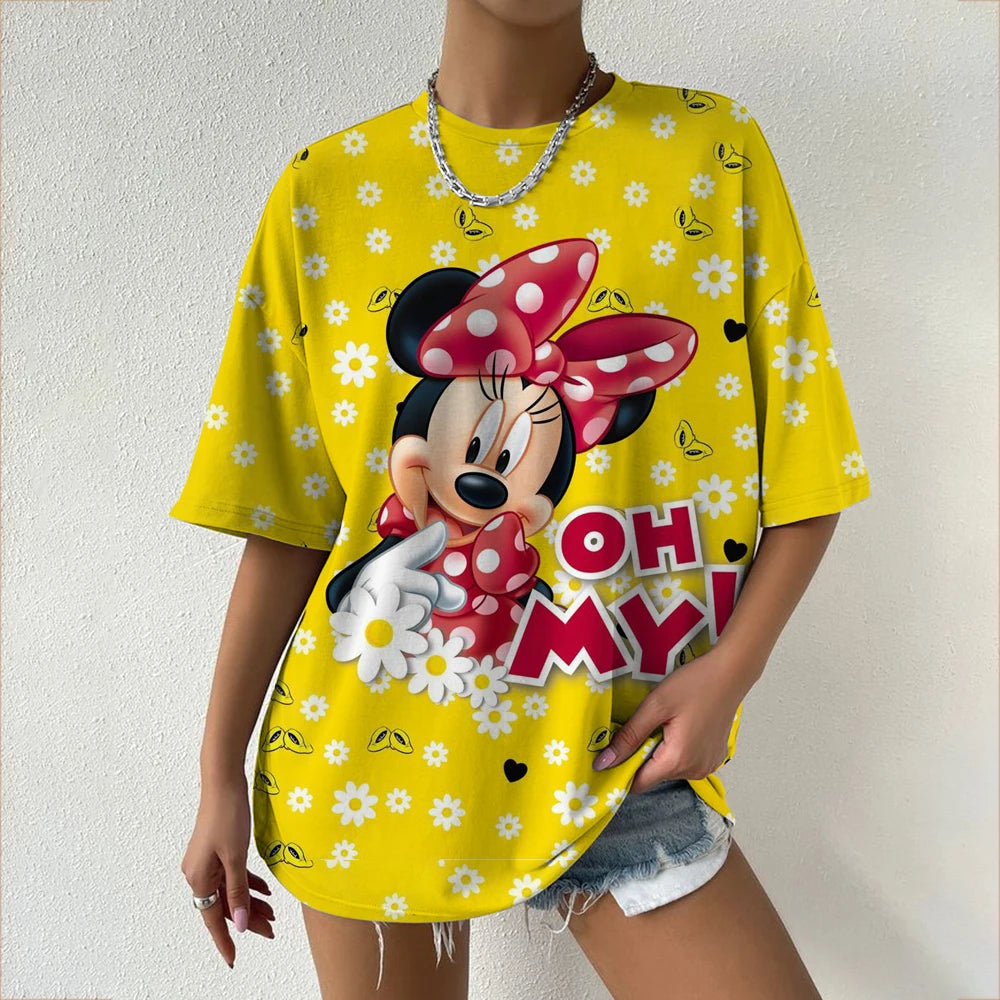 Camiseta de verano de manga corta para mujer, con estampado de cuello redondo