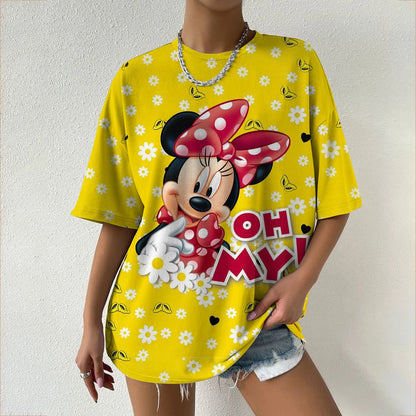Camiseta de verano de manga corta para mujer, con estampado de cuello redondo