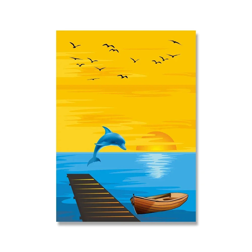Pintura en lienzo para pared, arte nórdico, puesta de sol, arena, mar, playa, ondas, océano, Palma, póster, imagen Modular de paisaje marino para decoración para sala de estar