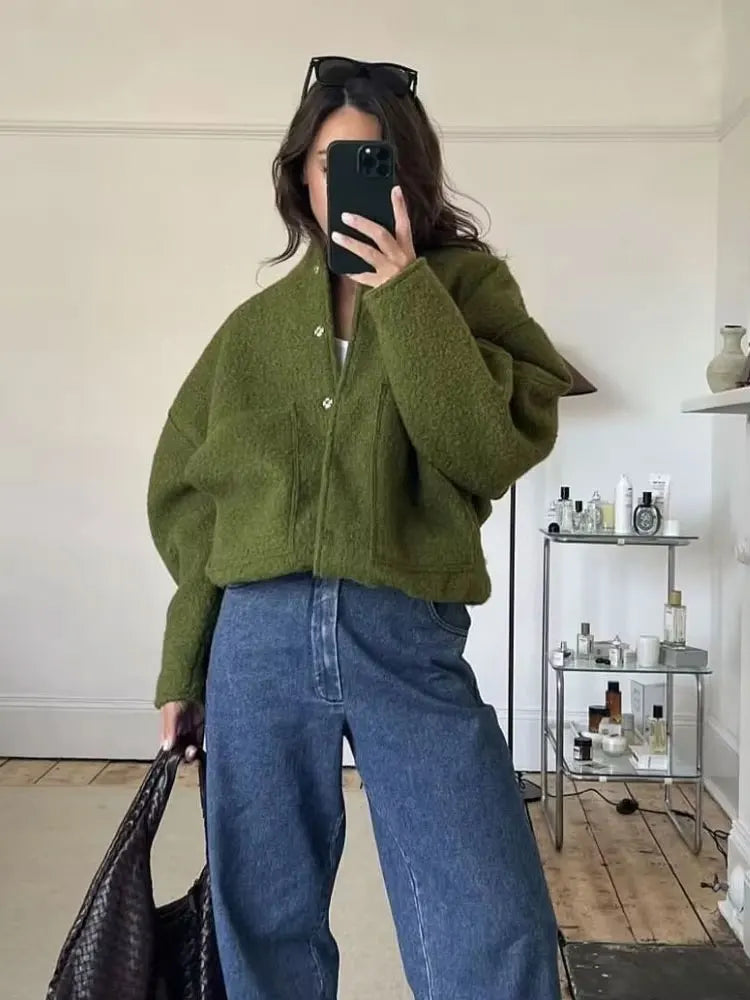 Chaqueta Bomber de gran tamaño con bolsillos para mujer, abrigo Vintage de manga larga con botón a presión, prendas de vestir exteriores para mujer, Tops elegantes