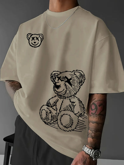 Camiseta de verano para hombre, 100 % algodón, informal, holgada, de calle, con estampado de oso de dibujos animados, cuello redondo y manga corta