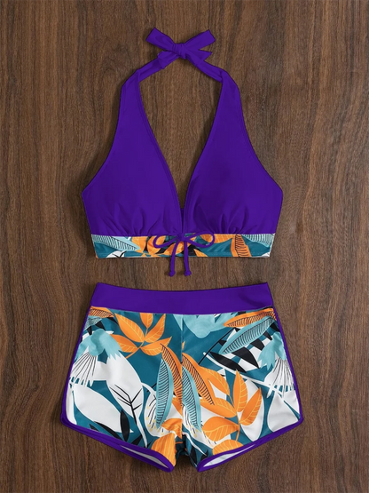 Conjunto de bikini estilo halter 2025, traje de baño corto de cintura alta para mujer, bañador estampado para mujer, traje de baño para playa
