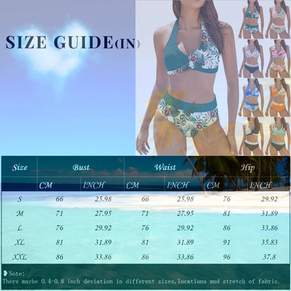 Bikini de playa con estampado floral y bloques de color para mujer, traje de baño de cintura alta de dos piezas para adolescentes