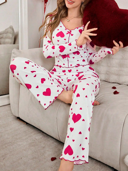 pijamas para mujer ropa de dormir estampado de corazón Tops de manga larga con pantalones largos conjunto de pantalones pijamas