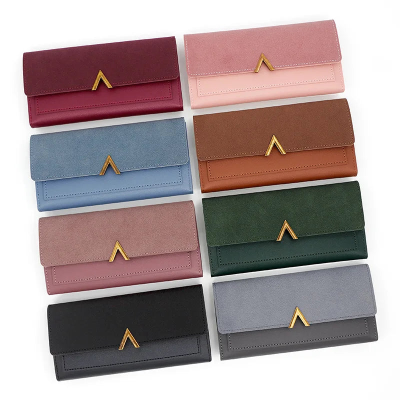 cartera larga con hebilla en forma de V para mujer, cartera triple para mujer