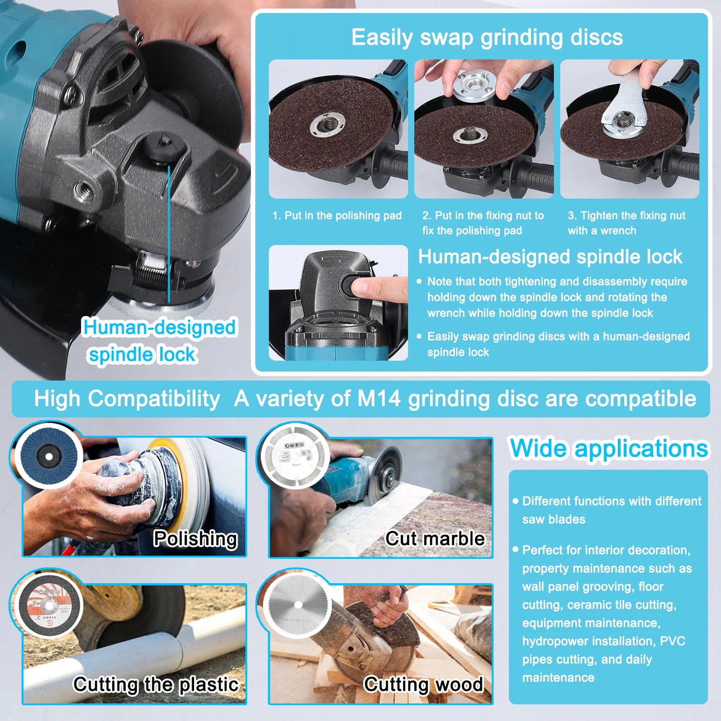 Radial, Amoladora angular M14 de 21V y 125mm, Motor sin escobillas, herramienta de molienda eléctrica, cortadora de litio multifuncional