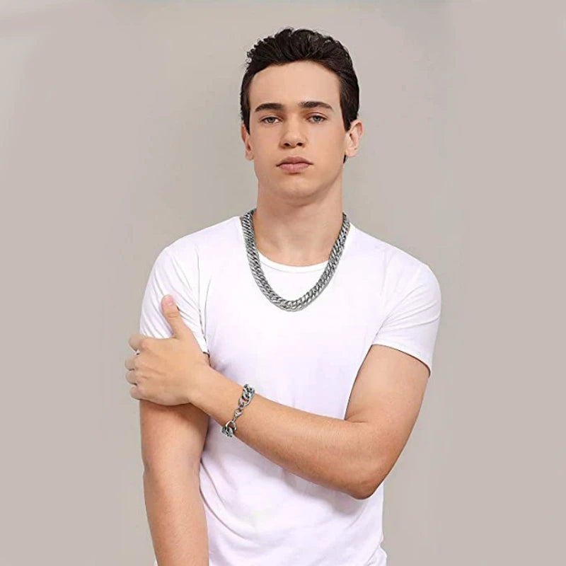 Collier chaîne cubaine en acier inoxydable HNSP pour hommes couleur argent 8 mm-14 mm d'épaisseur longue chaîne à main cadeau pour hommes
