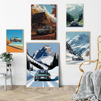 mpresiones de dibujos animados de viaje alpin Retro, pintura en lienzo, imagen artística de pared, decoración para sala de estar y hogar
