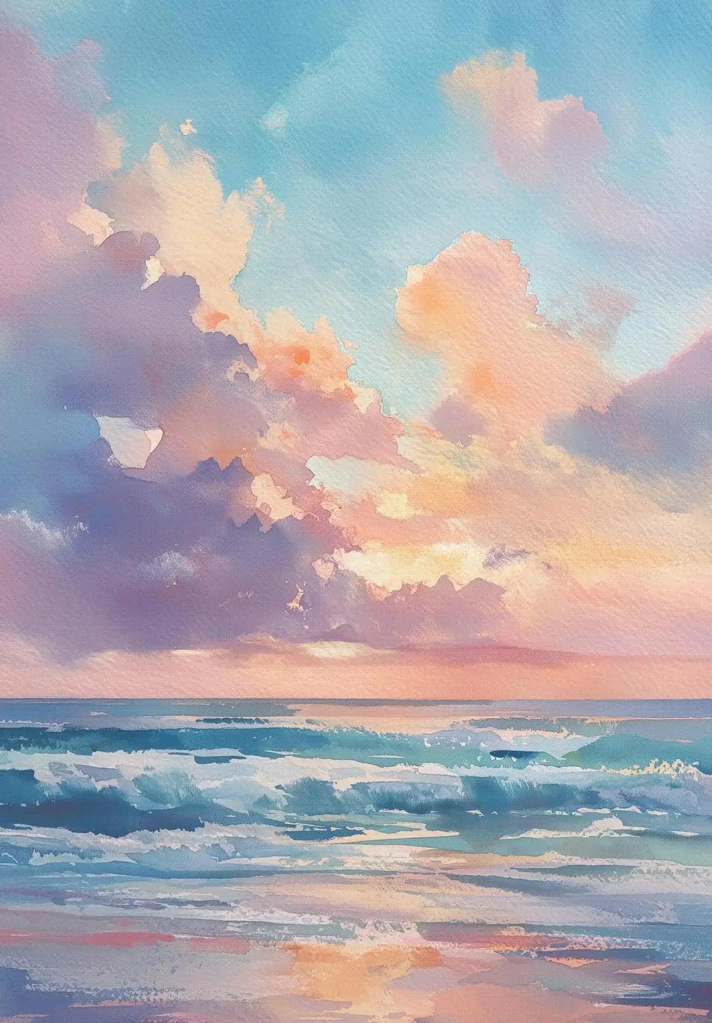 Azul rosa ondas playa atardecer palmeras océano paisaje arte cartel lienzo pintura al óleo Villa dormitorio pared del hogar decoración moderna