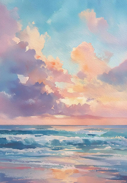 Azul rosa ondas playa atardecer palmeras océano paisaje arte cartel lienzo pintura al óleo Villa dormitorio pared del hogar decoración moderna