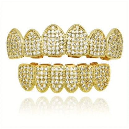 Juego de dientes de circonita cúbica unisex, de color dorado y plateado, con tapa para dientes, extraíble, joyería dental de moda.