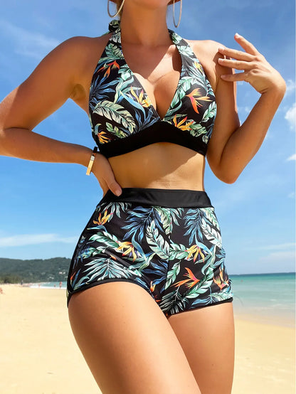 Conjunto de bikini estilo halter 2025, traje de baño corto de cintura alta para mujer, bañador estampado para mujer, traje de baño para playa