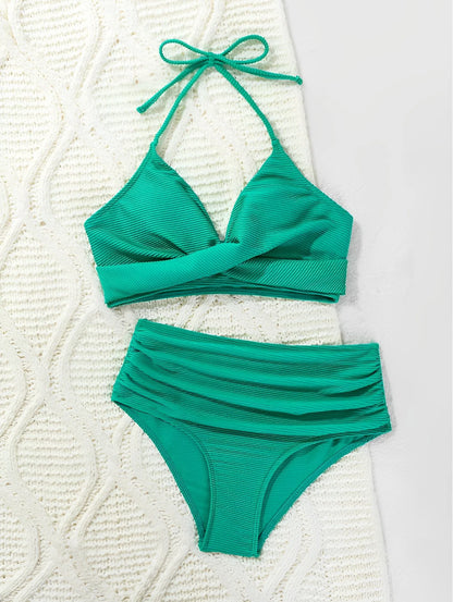 Bikini sexy de cintura alta 2025 para mujer, traje de baño con cuello halter, traje de baño liso para mujer, traje de baño para playa de verano.