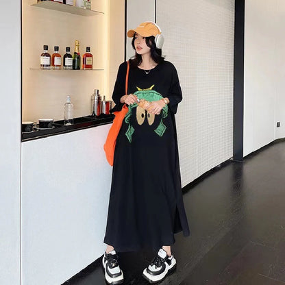 vestido largo informal suelto para mujer, versión coreana, vestido de manga Regular con estampado de dibujos animados divididos, ropa femenina grande