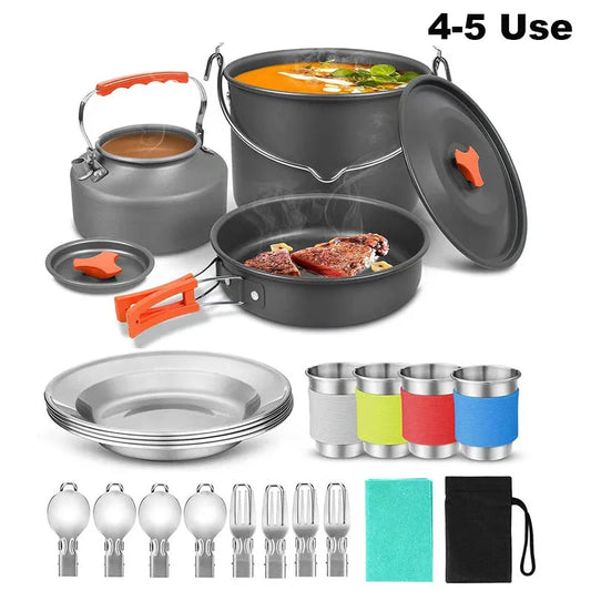 Outdoor Camping Aluminum Cookware Set with Mesh Bag Folding Cooking Set Kettle and Pans for Cooking Camping Kitchen Equipment
