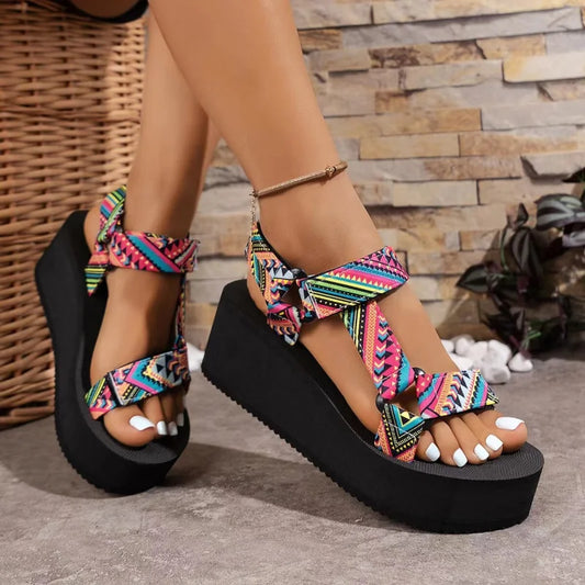 Zapatos de suela gruesa para mujer Sandalias altas de tela cómodas