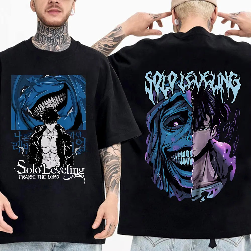 Camiseta de anime japonés Solo Leveling para hombre, camisetas gráficas de dibujos animados de Sung Jinwoo, camiseta Harajuku de manga corta de algodón de alta calidad